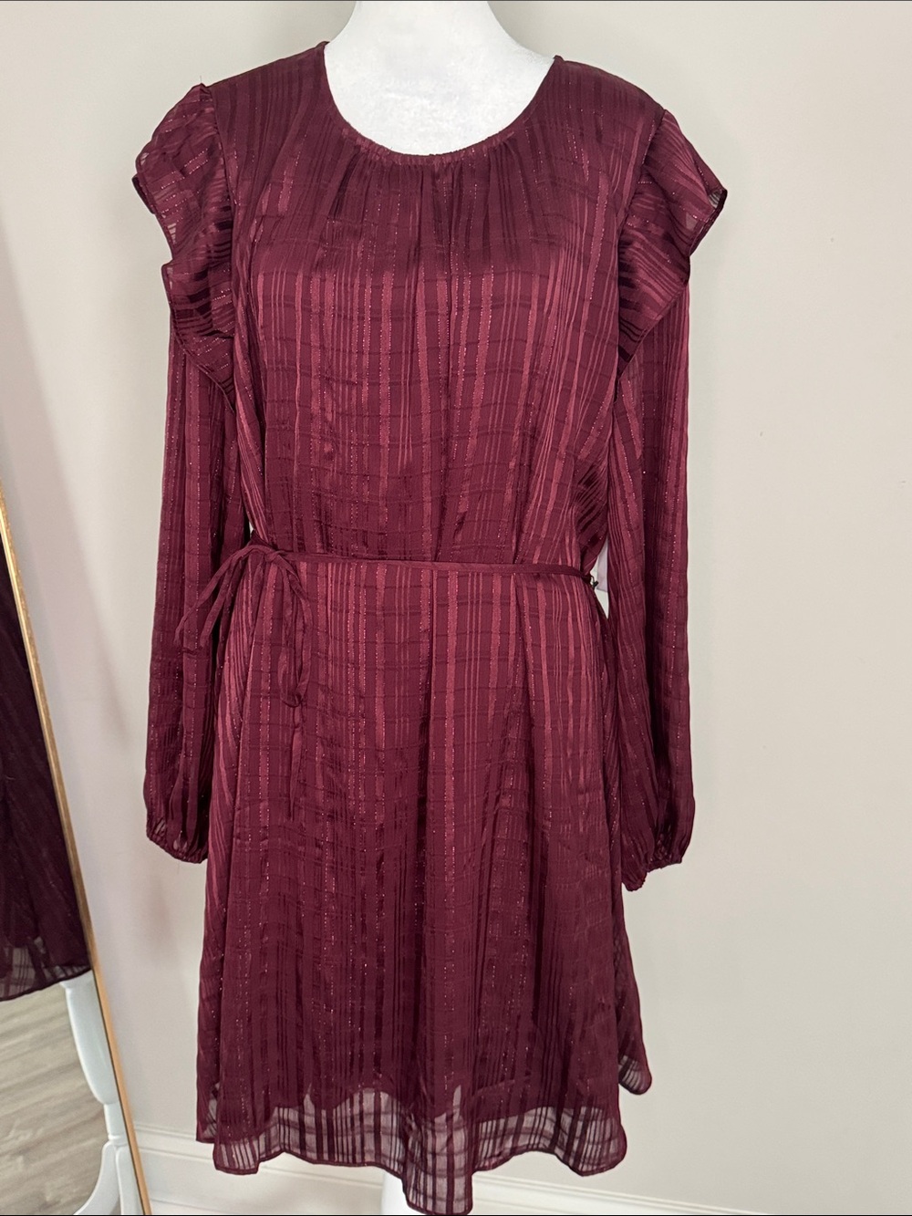Nine West Wine Long-Sleeve Tie-Waist Ruffle Dress